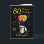 80th Birthday Black Gold Celebration Card<br><div class="desc">Happy birthday 80th age card. This bright card features an ice bucket with bottle of sparkling wine, flute glasses balloons, and confetti all on a black background with gold colored text. Can be customize for any age and title then personalize by amending the name and the message inside which currently...</div>