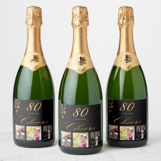 80th birthday black gold cheers photo sparkling wine label (Bottles)