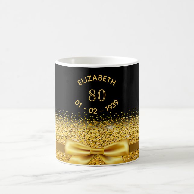80th birthday black gold classic elegant bow name coffee mug (Center)