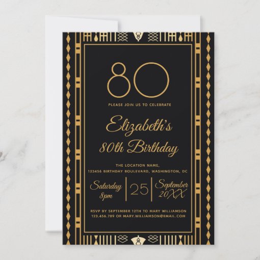 80th Birthday Black Gold Elegant Art Deco Invitation | Zazzle