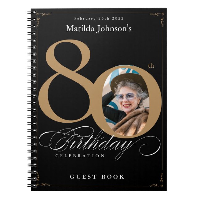 80th Birthday Black Gold Elegant  Script Guestbook Notebook (Front)