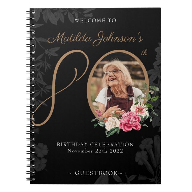 80th Birthday Black Gold Floral Photo Guestbook Notebook (Front)