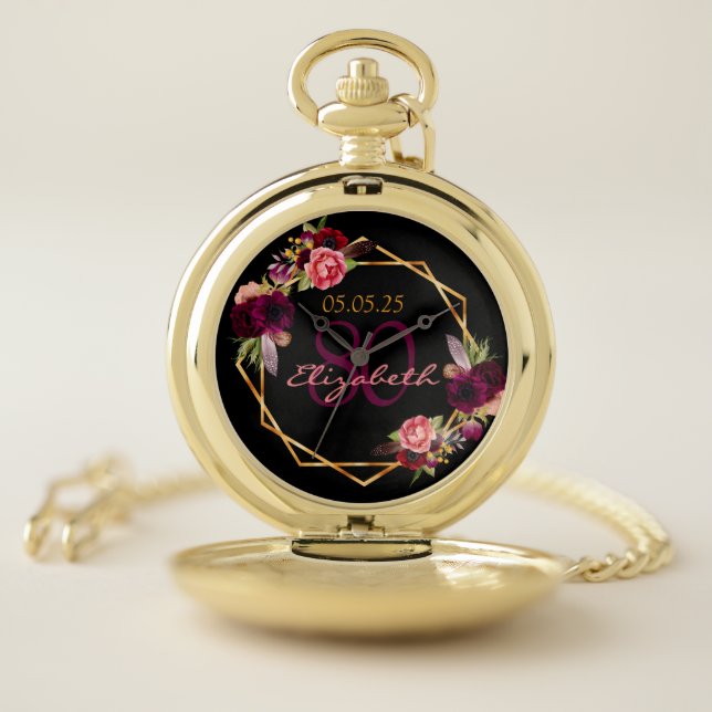 80th birthday black gold florals geometric pocket watch (Inside)