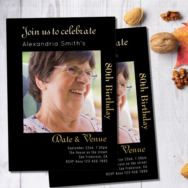 80th Birthday Black Gold Foil Invitation (Creator Uploaded)