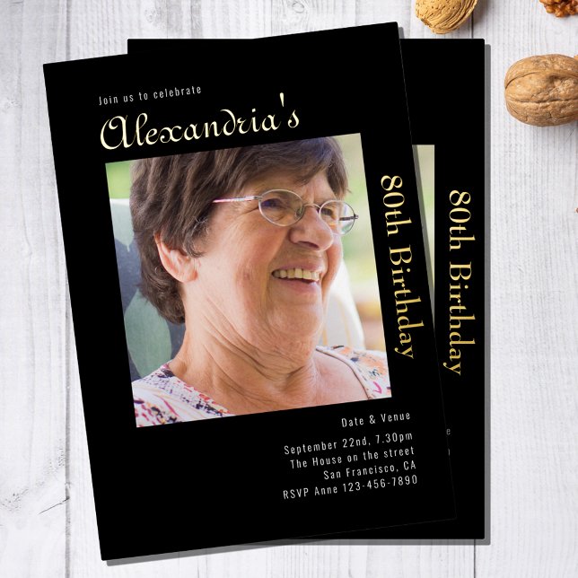 80th Birthday Black Gold Foil Invitation (Creator Uploaded)