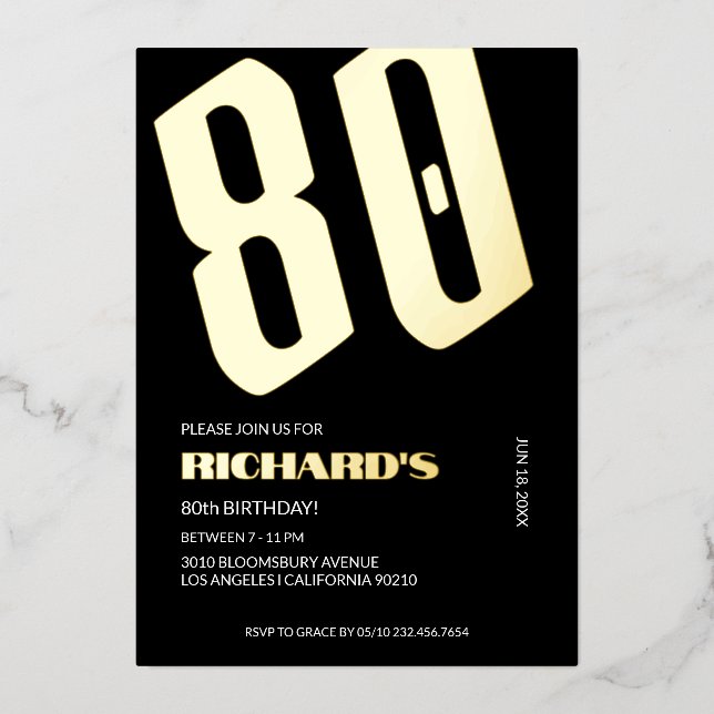 80th birthday Black Gold Foil invitations (Front)