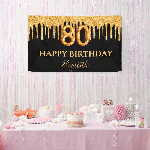 80th birthday black gold glitter balloon style banner