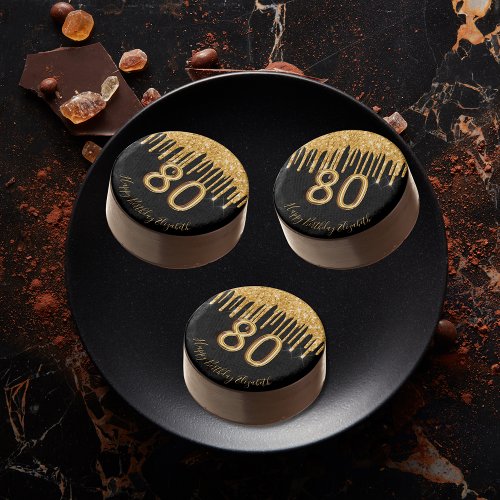 80th birthday black gold glitter balloon style chocolate covered oreo