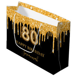 80th birthday black gold glitter drips name large gift bag