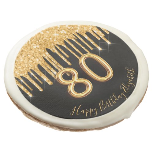 80th birthday black gold glitter drips name sugar cookie