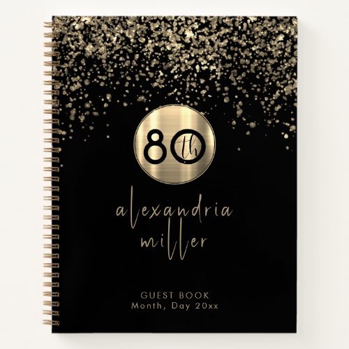 80th Birthday Black Gold Glitter Guestbook Notebook