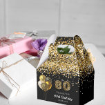 80th birthday black gold glitter leopard thank you favor boxes<br><div class="desc">A black background,  decorated with balloons and faux gold glitter dust. Number 80 is written with a trendy balloon style font,  leopard pattern.  Personalize and add a name and a date. 80th birthday and Thank You written with a modern hand lettered style script.</div>