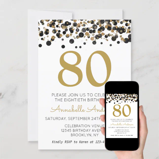 80th Birthday Black Gold Glitter Sparkle Confetti Invitation | Zazzle