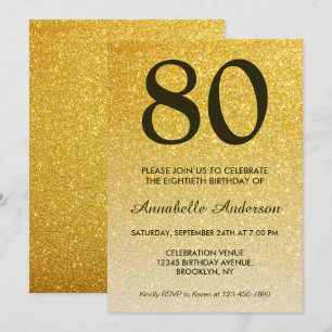80th Birthday Black Gold Glitter Sparkle Ombre Invitation