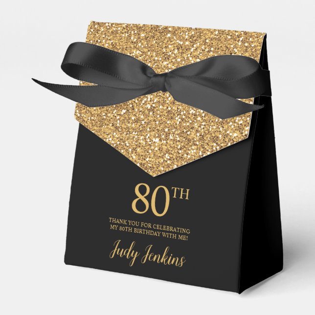 80th Birthday Black Gold Glitter Thank You Favor Boxes (Front Side)