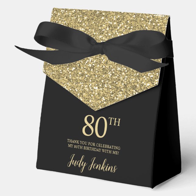 80th Birthday Black Gold Glitter Thank You Favor Boxes (Front)