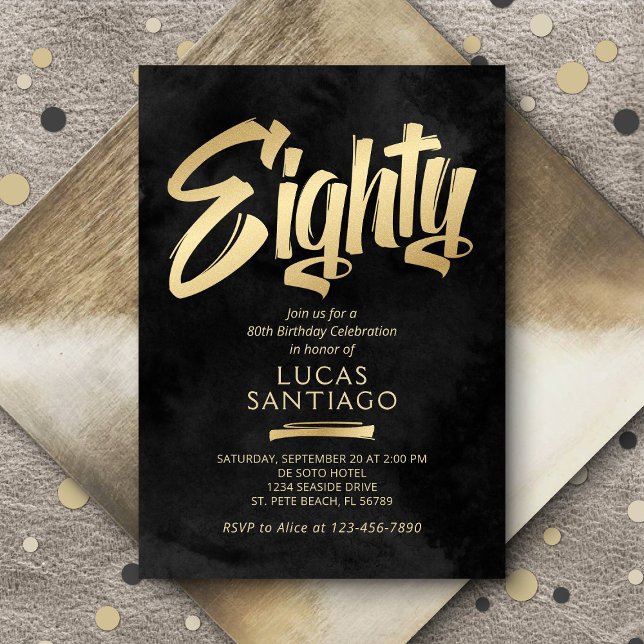 80th Birthday Black Gold Invitation (Creator Uploaded)