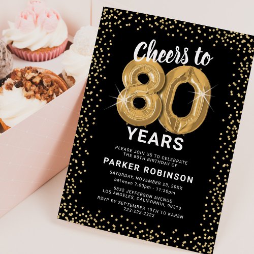 80th Birthday Black Gold Invitation