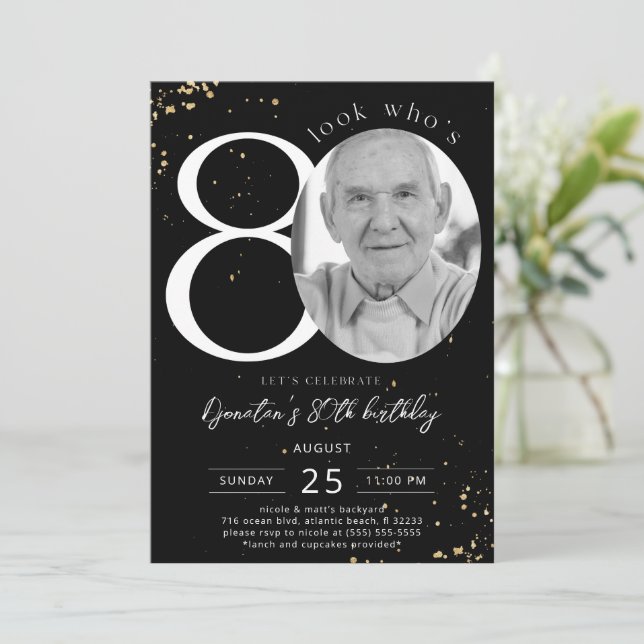 80th Birthday Black Gold Invitation Card Photo (Standing Front)