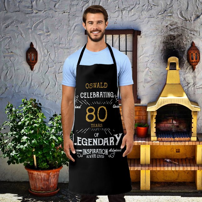 80th Birthday Black Gold Legendary Funny Apron (A personalized elegant BBQ apron that is easy to customize for that special birthday party occasion.)