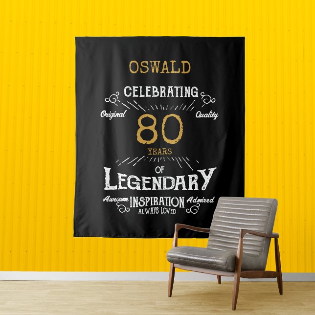80th Birthday Black Gold  Legendary Photo Backdrop (A personalized elegant 80th birthday vintage photo backdrop.)