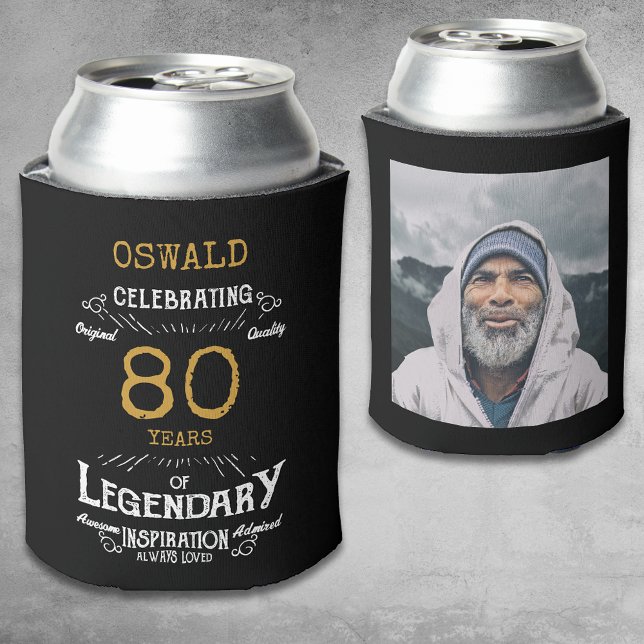 80th Birthday Black Gold  Legendary Photo Can Cooler (A personalized 80th birthday elegant can cooler that is easy to customize with name, age and photo.)