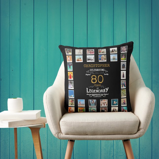 80th Birthday Black Gold  Legendary Photo Throw Pillow (Personalized 80th birthday gift throw pillow with 32 photos of your choice)