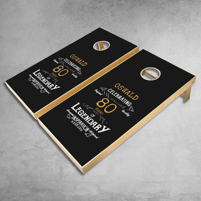 80th Birthday Black Gold  Legendary Retro Cornhole Set (Have some fun with this personalized elegant 80th birthday cornhole and bag toss set.)