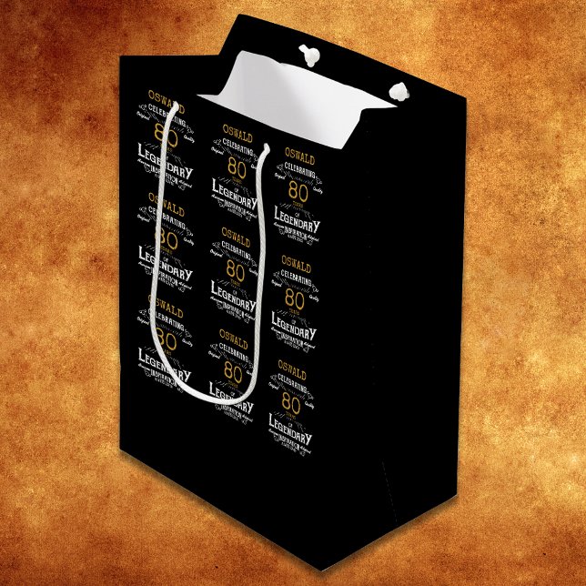 80th Birthday Black Gold  Legendary Retro Medium Gift Bag (Vintage Black Gold Elegant gift bag - Personalized 80th Birthday Celebration)