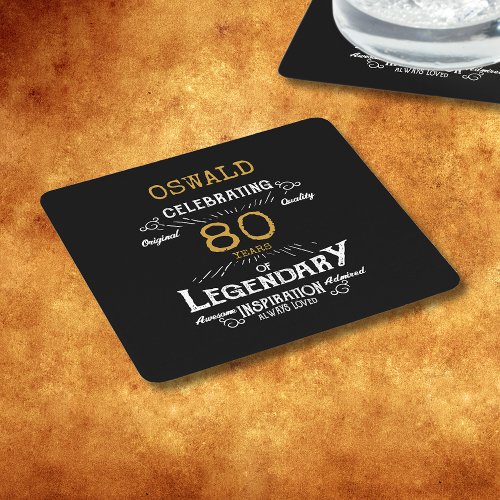 80th Birthday Black Gold  Legendary Retro Square Paper Coaster