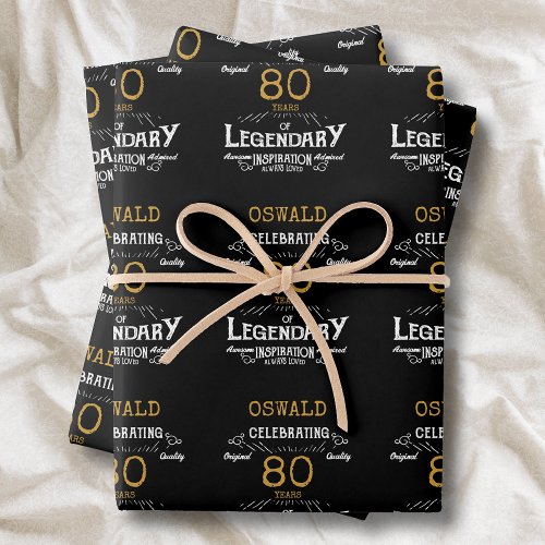 80th Birthday Black Gold  Legendary Retro Wrapping Paper Sheets