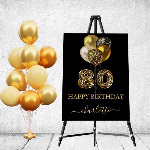 80th birthday black gold leopard name script foam board