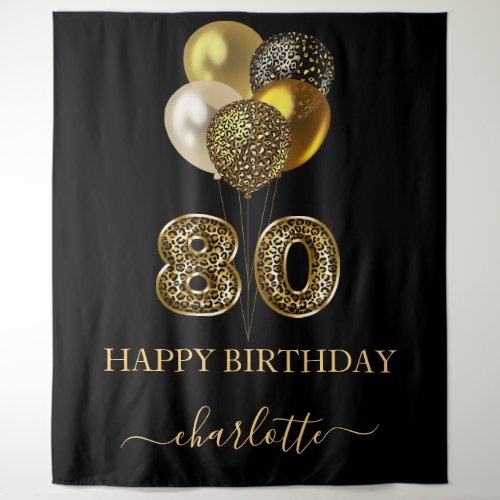 80th birthday black gold leopard name script tapestry