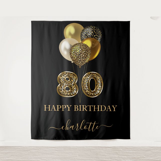 80th birthday black gold leopard name script tapestry (Front)