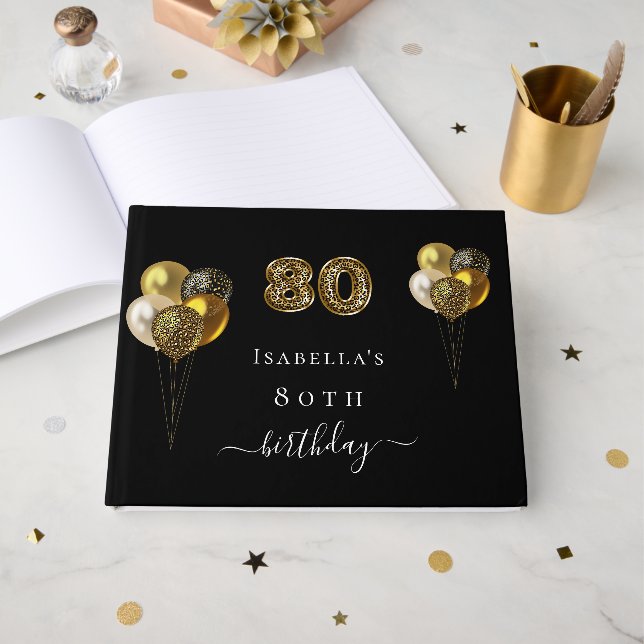 80th birthday black gold leopard print balloons guest book (Front Open)