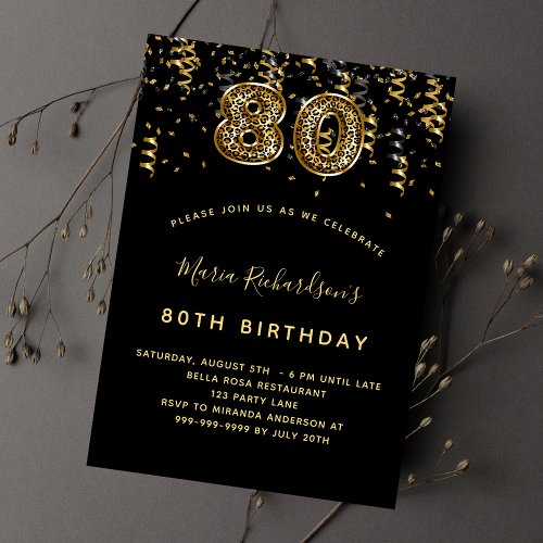 80th birthday black gold leopard print luxury invitation postcard
