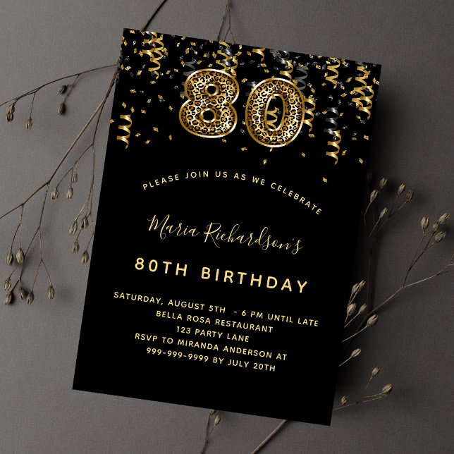 80th birthday black gold leopard print luxury invitation postcard (Creator Uploaded)