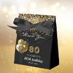 80th birthday black gold leopard thank you favor boxes<br><div class="desc">A black background,  decorated with balloons and faux gold confetti. Number 80 is written with a trendy balloon style font,  leopard pattern.  Personalize and add a name and a date. 80th birthday and Thank You written with a modern hand lettered style script.</div>