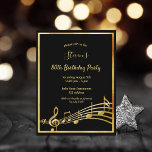 80th birthday black gold music notes invitation<br><div class="desc">A trendy,  modern 80th birthday party invitation card for both men and women.  A classic black background,  with faux gold  frame and music notes,  golden colored letters. Templates for your party information.  Back: white background.</div>