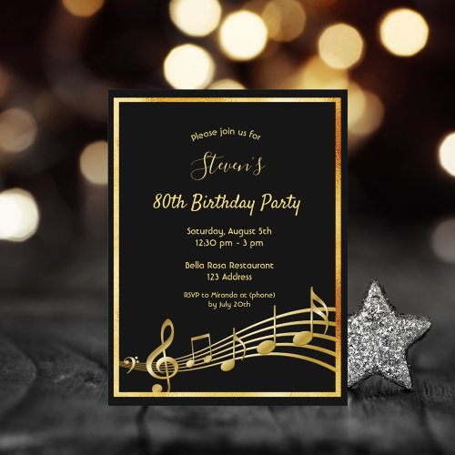 80th birthday black gold music notes invitation
