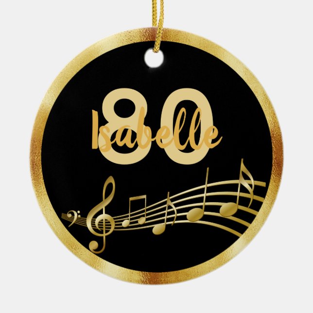 80th birthday black gold music notes name ceramic ornament (Front)