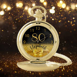 80th birthday black gold name elegant bow pocket watch<br><div class="desc">Elegant, classic, glamorous and feminine. A faux gold colored bow and ribbon with golden glitter and sparkle, a bit of bling and luxury for a birthday gift or keepsake. Black background. Templates for her name, and the age 80. The name is written with a modern hand lettered style script. Golden...</div>