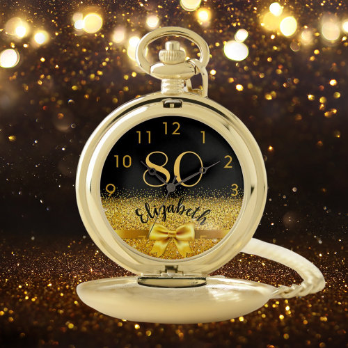 80th birthday black gold name elegant bow pocket watch