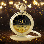 80th birthday black gold name elegant bow pocket watch<br><div class="desc">Elegant,  classic,  glamorous and feminine.  A faux gold colored bow.  Black background. Templates for her name,  and the age 80. The name is written with a modern hand lettered style script. Golden colored numbers from 9 to 3.</div>