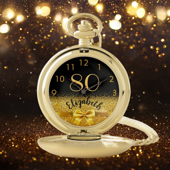 80th birthday black gold name elegant bow pocket watch (Creator Uploaded)