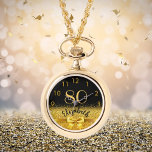 80th birthday black gold name elegant bow watch<br><div class="desc">Elegant, classic, glamorous and feminine. A faux gold colored bow and ribbon with golden glitter and sparkle, a bit of bling and luxury for a birthday gift or keepsake. Black background. Templates for her name, and the age 80. The name is written with a modern hand lettered style script. Golden...</div>