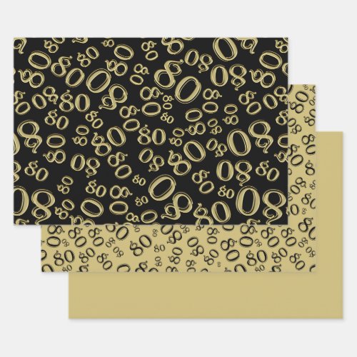 80th Birthday Black  Gold Number Pattern 80 Wrapping Paper Sheets