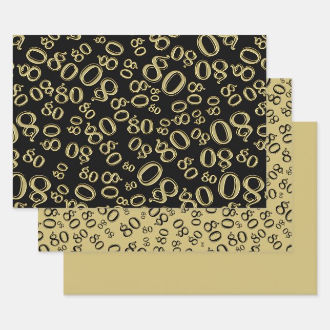 80th Birthday Black & Gold Number Pattern 80 Wrapping Paper Sheets (Set)