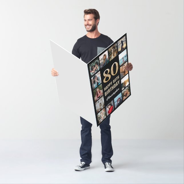 80th Birthday Black Gold Photo Collage Extra Large Card (In Situ)