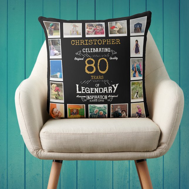 80th Birthday Black Gold Photo Collage Throw Pillow (Personalized 80th birthday gift throw pillow with 16 photos of your choice.)